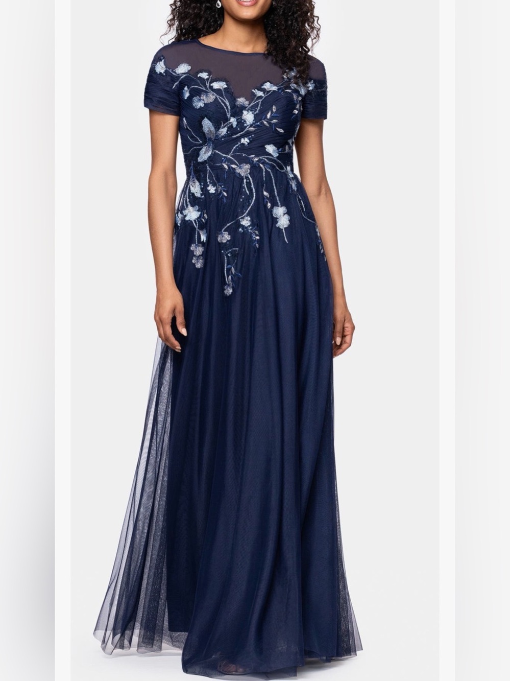 Betsy & Adam Navy Floral Embroidered Sequin Mesh Maxi Gown Size 4 NWT